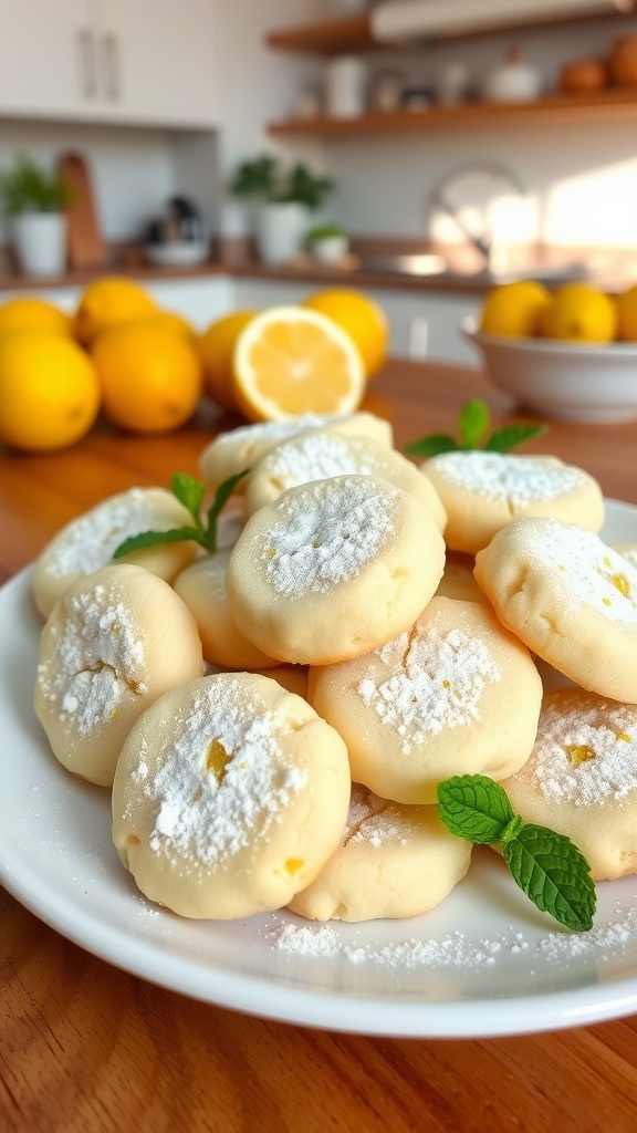A plate of golden lemon sugar cookies dusted with powdered sugar, garnished with lemon slices and mint.
